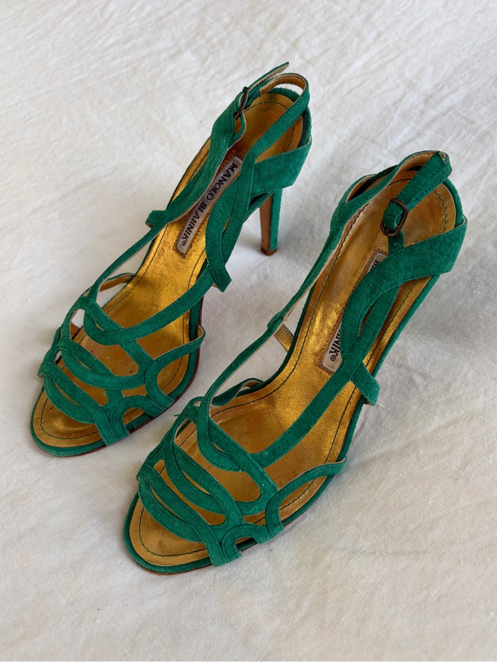 Vintage Manolo Blahnik Suede Strappy Loop Open Toe Heels Emerald Green - Picture 3 of 11
